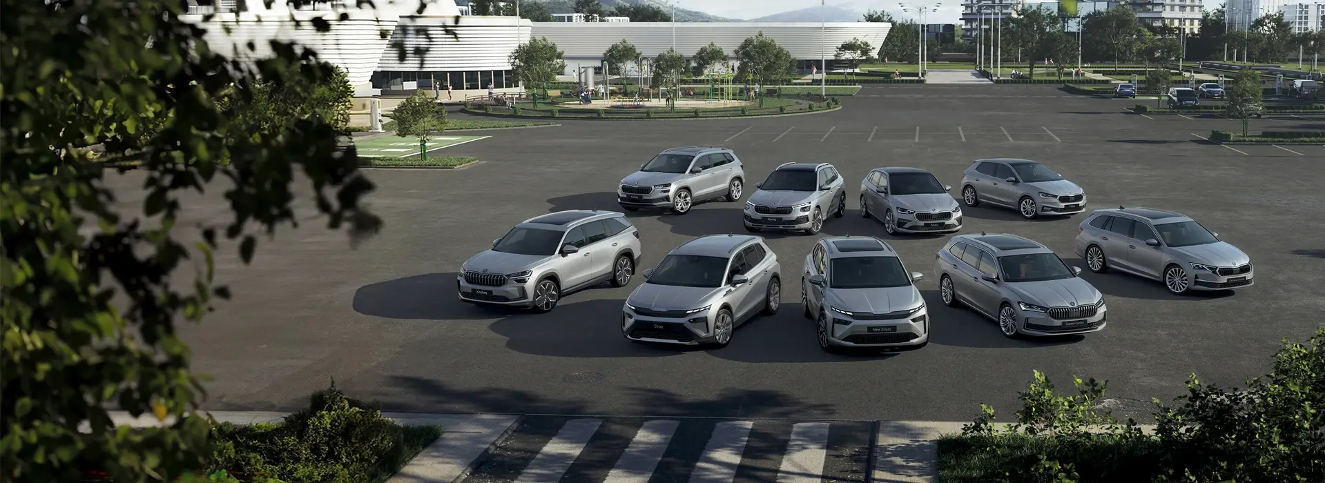 skoda cars lined up on a parking lot
